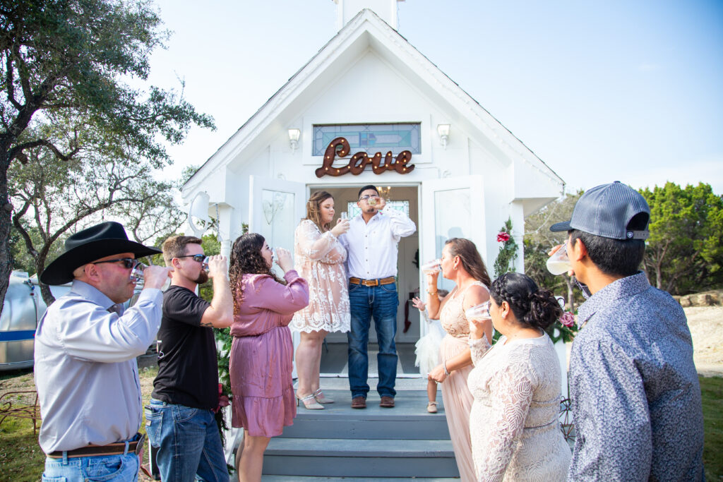 A wedding chapel in a field of wildflowers